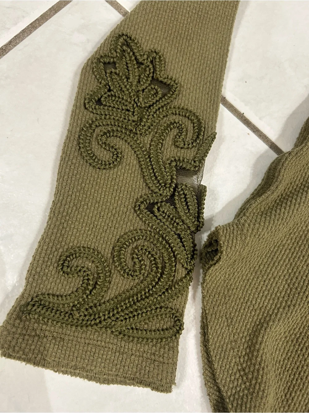 Free People Olive Green Waffle Knit Long Sleeve with Embroidered Cuffs